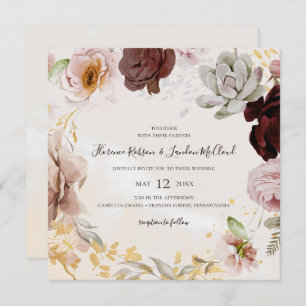 Modern Blush Floral   Marmer Square Wreath Wedding Kaart