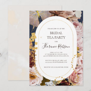 Modern Blush Floral   Navy Bridal Tea Party Kaart