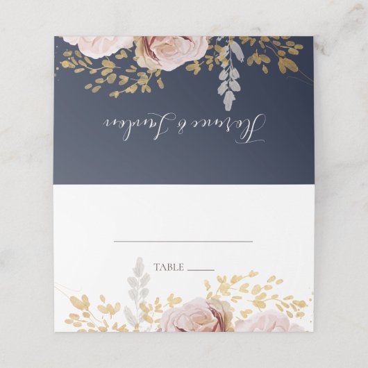 Modern Blush Floral | Navy Folded Place Card (Buitenkant ongevouwen)