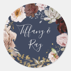 Modern Blush Floral Navy Wedding Envelope Seals Ronde Sticker