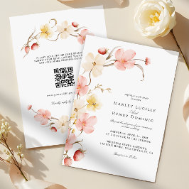 Modern Blush Floral QR Code All In One Wedding Kaart