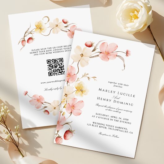 Modern Blush Floral QR Code All In One Wedding Kaart
