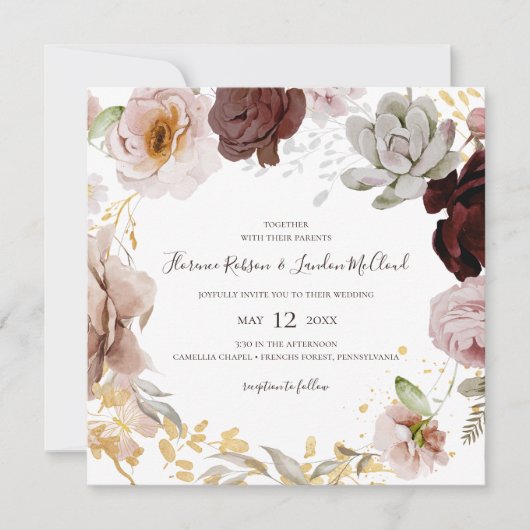 Modern Blush Floral | Square Wreath Wedding Kaart (Voorkant)