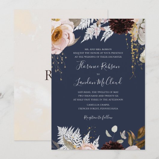 Modern Blush Floral | Traditionele marinebruiloft Kaart (Voorkant / Achterkant)