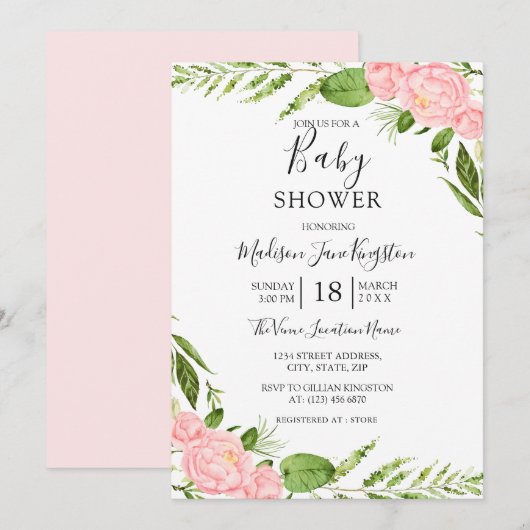 Modern Blush Floral Waterverf Baby shower Kaart (Voorkant / Achterkant)