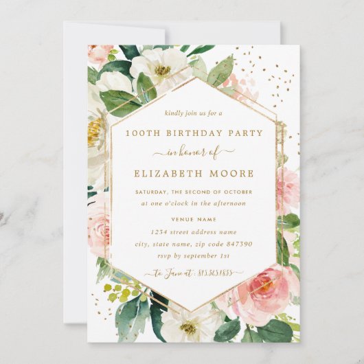 Modern Blush Gold Floral 100e verjaardag Kaart (Voorkant)