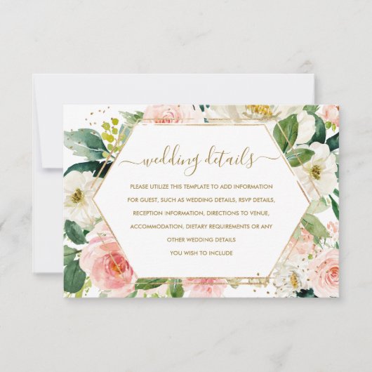 Modern Blush Gold Floral Wedding Details Kaart (Voorkant)