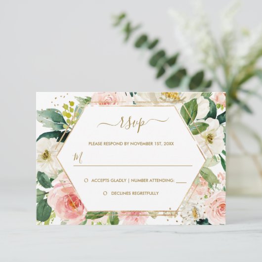 Modern Blush Gouden Bloemen Waterverf Trouwen RSVP (Staand voorkant)