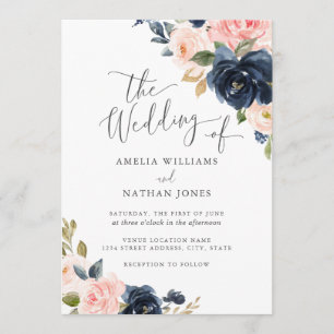 Modern Blush Navy Bloemen Huwelijk Kaart