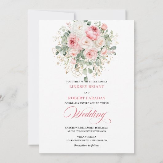 Modern Blush Peonies Gold Frame Wedding Invitation (Devant)