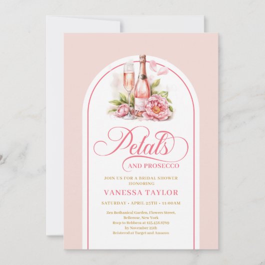 Modern blush petals and prosecco invite boho arch kaart (Voorkant)