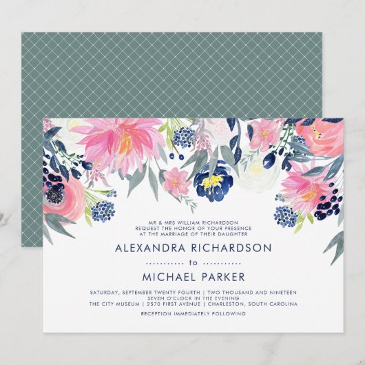 Modern Blush Pink and Navy Floral Wedding Kaart (Voorkant / Achterkant)