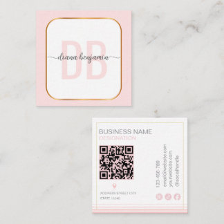 Modern blush pink and white Gold monogram Qr Code Vierkante Visitekaartje