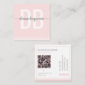 Modern blush pink and white monogram Qr Code Vierkante Visitekaartje