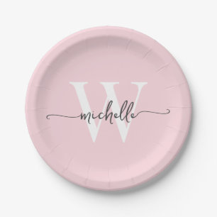 Modern Blush Pink Custom Monogram Naam Script Papieren Bordje