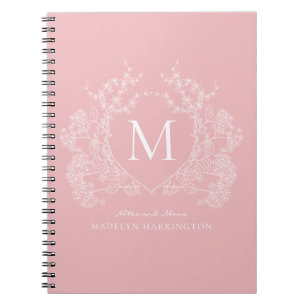 Modern Blush Pink Floral Crest Monogram Notitieboe Notitieboek