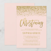 Modern Blush Pink Gold Faux Glitter Christening Kaart (Voorkant / Achterkant)