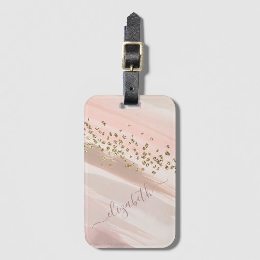 Modern Blush Pink Gold Glitter Script Naam Bagagelabel (Voorkant (verticaal))