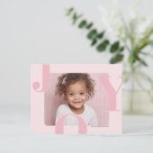 Modern Blush Pink JOY Horizontale foto Kerstmis Briefkaart (Staand voorkant)