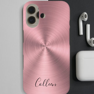 Modern Blush Pink Metal Monogrammed iPhone 16 Hoesje
