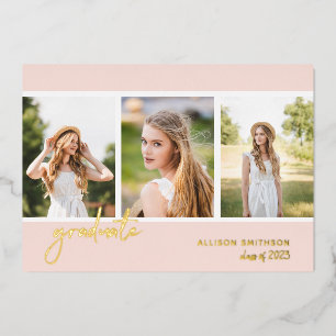 Modern Blush Pink Photo Collage Afstuderen Folie Uitnodiging