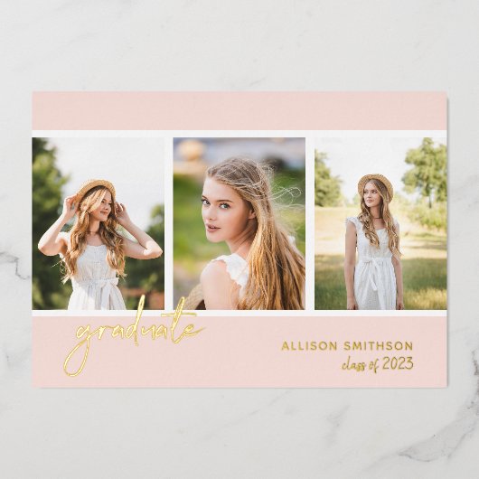 Modern Blush Pink Photo Collage Afstuderen Folie Uitnodiging (Voorkant)