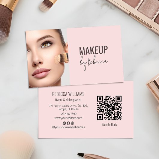 Modern Blush Pink Script Font QR Code Photo Makeup Visitekaartje