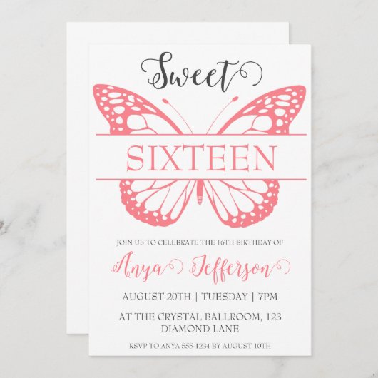 Modern Blush Pink Sweet 16 verjaardagsuitnodiginge Kaart (Voorkant / Achterkant)