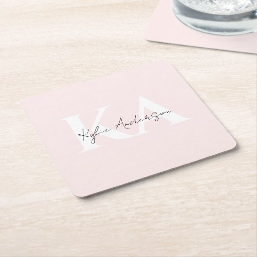 Modern Blush Roos Gepersonaliseerde Monogram Naam  Vierkante Kartonnen Onderzetter (Schuin)