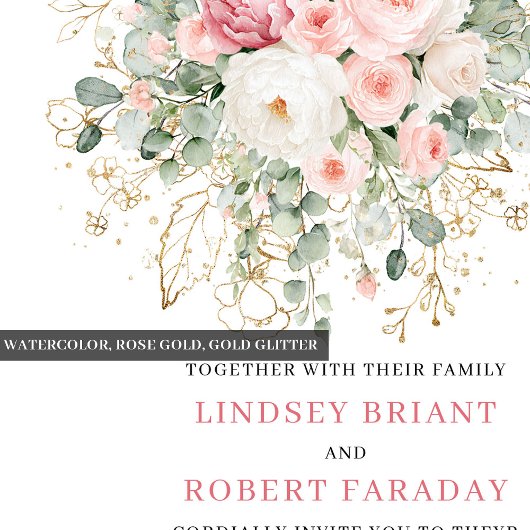 Modern Blush Roses Gold Frame Wedding Invitation