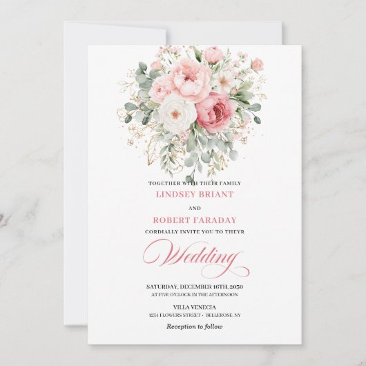 Modern Blush Roses Gold Frame Wedding Invitation (Devant)
