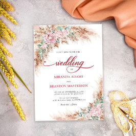 Modern Blush Roses Pampas Grass Floral Wedding Kaart