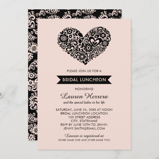 Modern Blush Roze Bloemen Hart Bruids Luncheon Kaart (Voorkant / Achterkant)