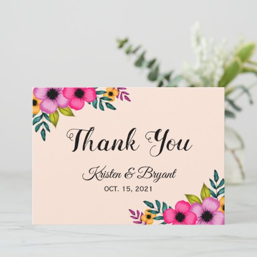 Modern Blush Roze Bloemen Minimale bruiloft Bedankkaart (Staand voorkant)