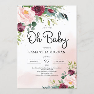 Modern blush roze bordeauxrode bloemen Oh Baby sho Kaart