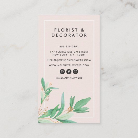 Modern blush roze elegante groene botanische minim visitekaartje (Achterkant)