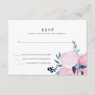 Modern Blush Roze en Navy Bloemen Bruiloft RSVP Kaartje
