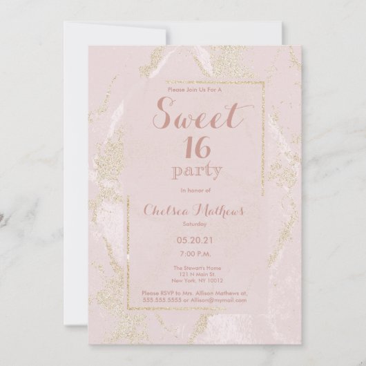 Modern blush roze goud glitter marmer Sweet 16 Kaart (Voorkant)