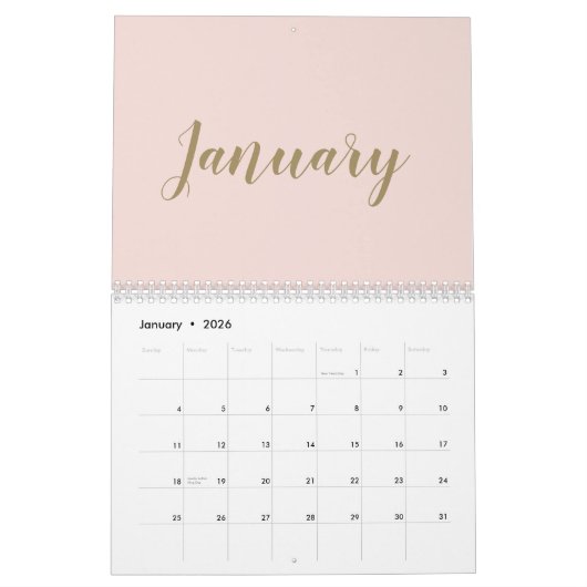 Modern blush roze goud script maand girly chic kalender (Jan 2026)