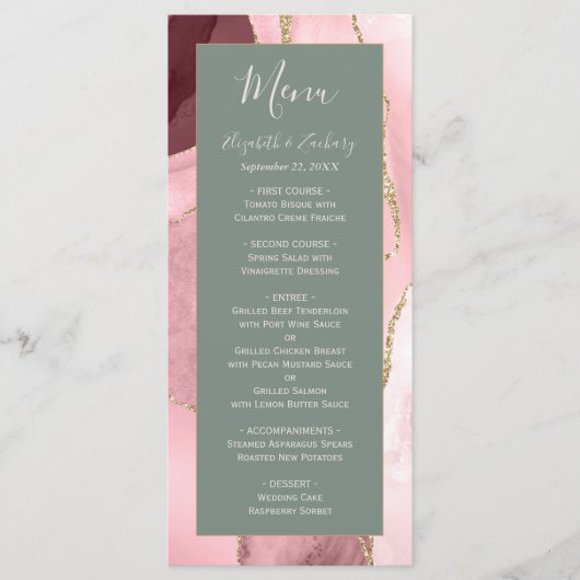 Modern Blush Roze Goud Wijze Groene Agaat Huwelijk Menu (Voorkant)