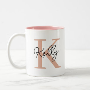 Modern Blush Roze Monogram Script Tweekleurige Koffiemok