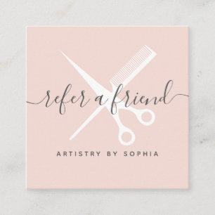 Modern blush roze schaar script verwijzen naar een aanbevelingskaartje