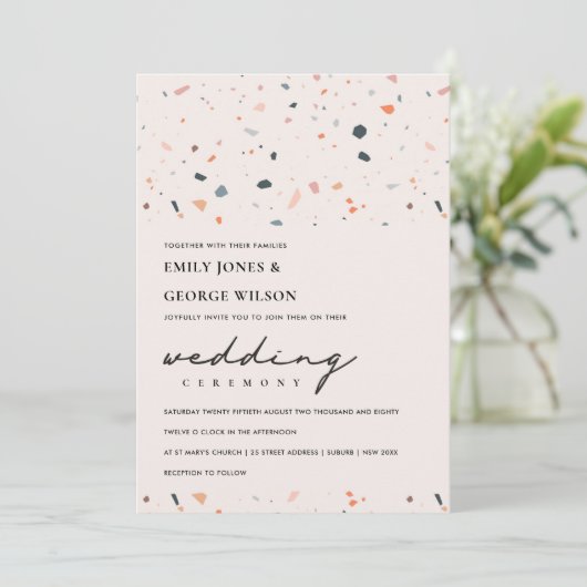 MODERN BLUSH RUST TERRAZZO PATTERN WEDDING INVITE BEDANKKAART (Staand voorkant)