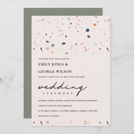 MODERN BLUSH RUST TERRAZZO PATTERN WEDDING INVITE BEDANKKAART (Voorkant / Achterkant)