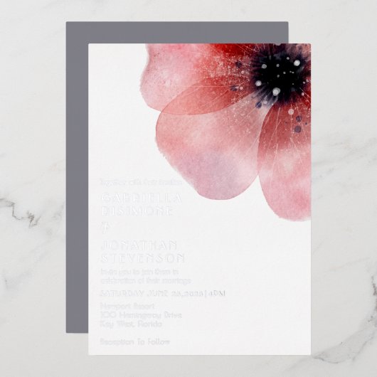 Modern Blush Waterverf Poppy Wedding Silver Folie Uitnodiging (Voorkant / Achterkant)