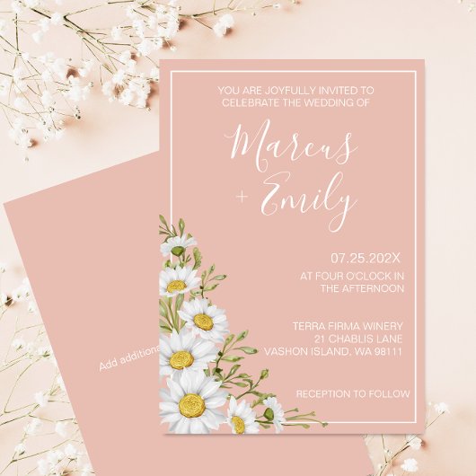 Modern Blush & White Daisies Wedding Kaart