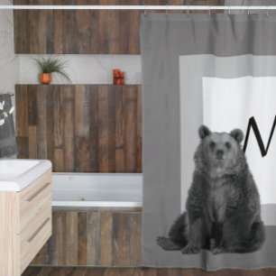 Modern Boerderij Beer Monogram Houten Blok Zwart W Douchegordijn