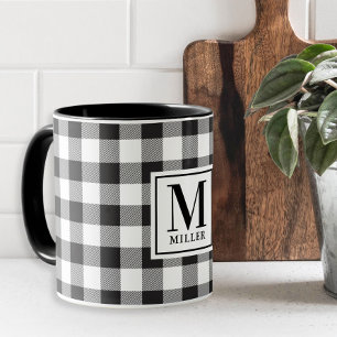 Modern Boerderij Zwart Buffalo Geruit Monogram Mok