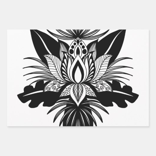Modern Bohemian Black White Tropical Lotus Leaf Inpakpapier Vel (Voorkant 3)