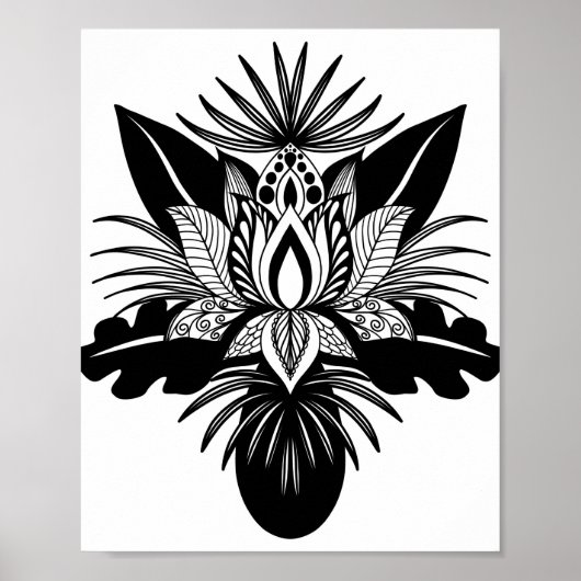 Modern Bohemian Black White Tropical Lotus Leaf Poster (Voorkant)